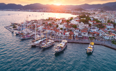 View of the harbour of Marmaris with many yachts docking