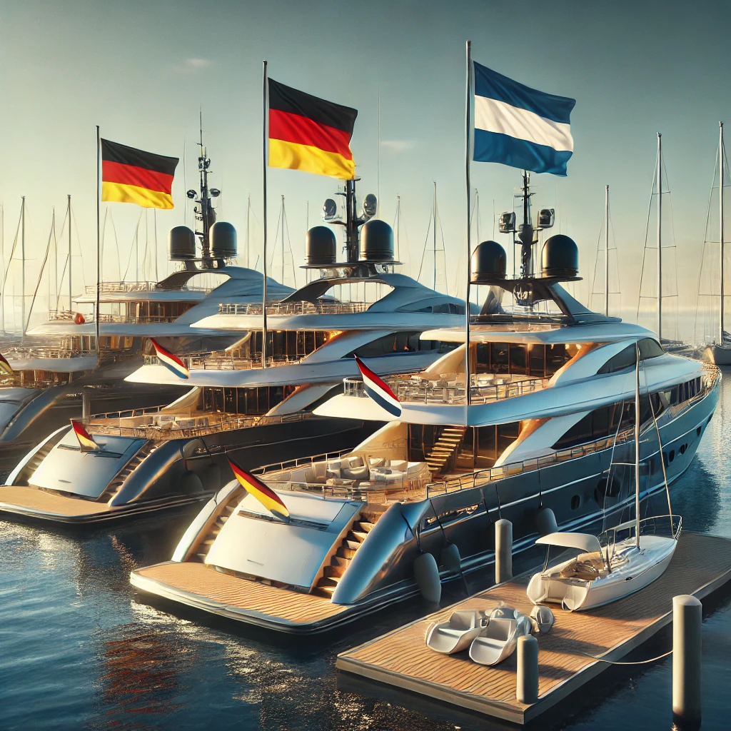 Luxurious yachts built in German and Dutch shipyards docked in a marina, proudly displaying both countries' flags