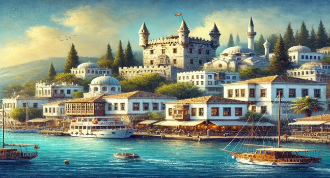 Weiße historische Häuser, ein Schloss am Wasser, luxuriöse Yachten im Hafen und türkisfarbenes Wasser unter strahlend blauem Himmel