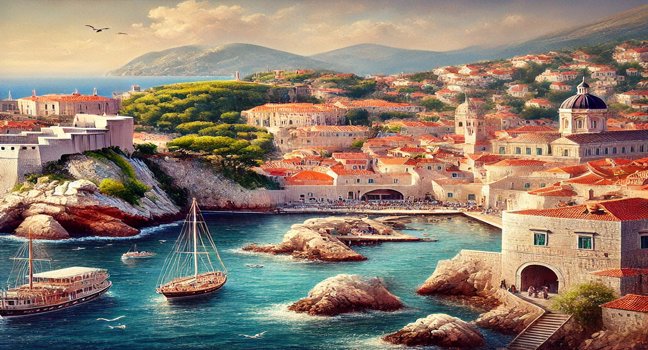 Historische Altstadt von Dubrovnik mit beeindruckenden Stadtmauern, türkisfarbenem Wasser und roten Ziegeldächern, mediterranes Ambiente entlang der Adriaküste