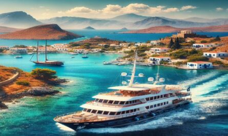 Eine Yacht segelt entlang einer griechischen Inselroute auf türkisblauem Wasser, umgeben von felsigen Küsten und sonniger Landschaft – ideal für eine Yachtcharter in Griechenland