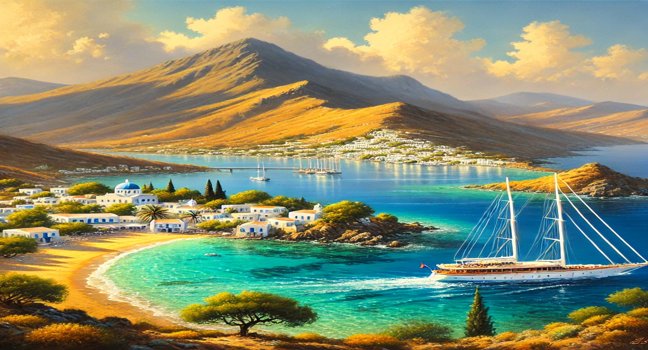 Türkisfarbenes Wasser, goldene Strände, traditionelle griechische Dörfer, weiße Häuser, beeindruckende Berglandschaft und luxuriöse Yacht entlang der Küste von Karpathos