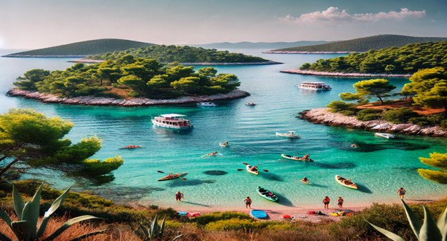 Grüne Inseln vor der Küste von Hvar, türkisfarbenes Wasser, Kajakfahren, Schnorcheln, Wandern und mediterrane Vegetation unter strahlendem Himmel