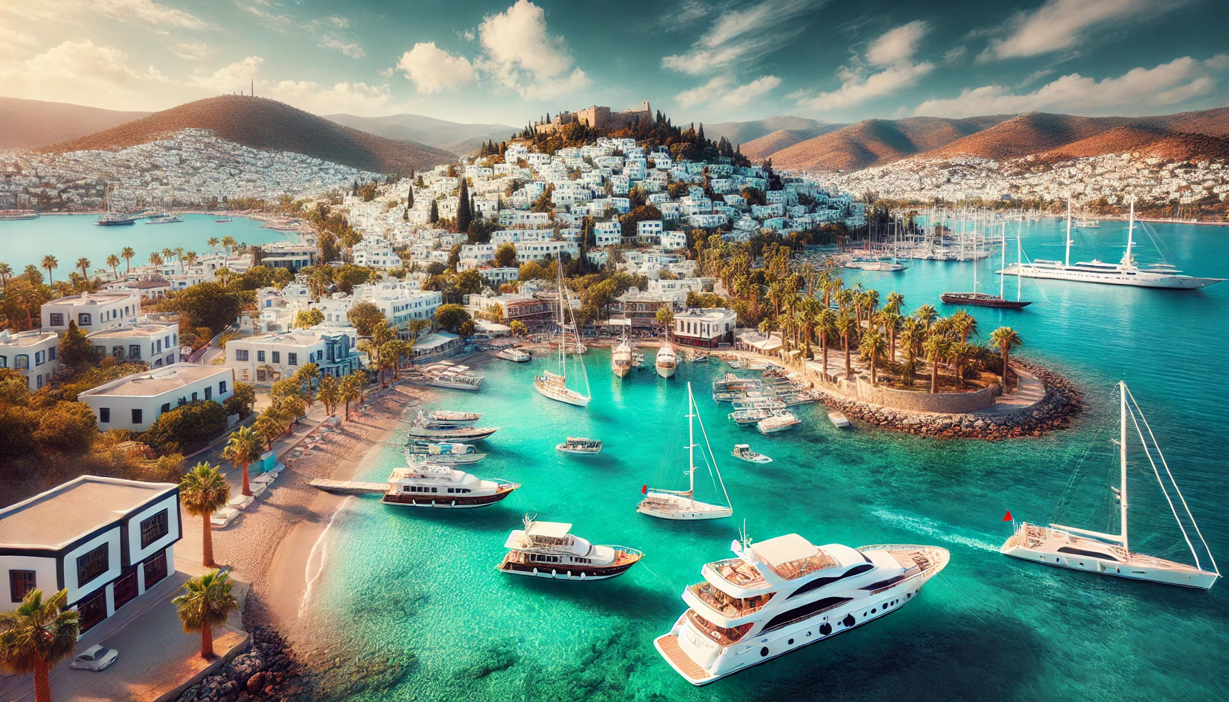 Prachtvolle Küstenansicht von Bodrum, Türkei, mit türkisfarbenem Wasser, luxuriösen Yachten und der Burg von Bodrum im Hintergrund. Sonnenlicht und Palmen unterstreichen die mediterrane Atmosphäre.