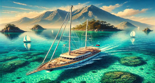 Luxuriöse Yacht im türkisfarbenen Wasser, Taucher erkunden die Unterwasserwelt, unberührte grüne Insel und einladende Küste unter strahlendem Himmel