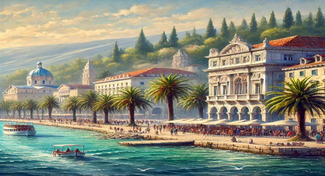 Historischer Diokletianpalast, lebendige Uferpromenade Riva mit Palmen, türkisfarbenes Wasser der Adria, grüne Hügel und sonniger Himmel in Split