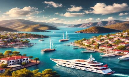 Luxusyachten ankern im klaren blauen Wasser vor der türkischen Küste, umgeben von grünen Hügeln und charmanten Küstenorten – das perfekte Ziel für eine Yachtcharter in der Türkei