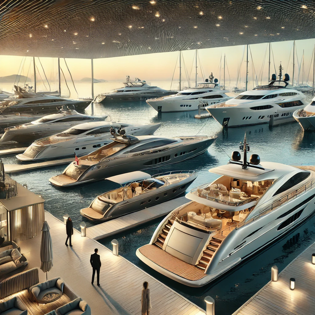 Modern yachts built by renowned shipyards are docked in a stylish marina, illuminated by elegant lighting