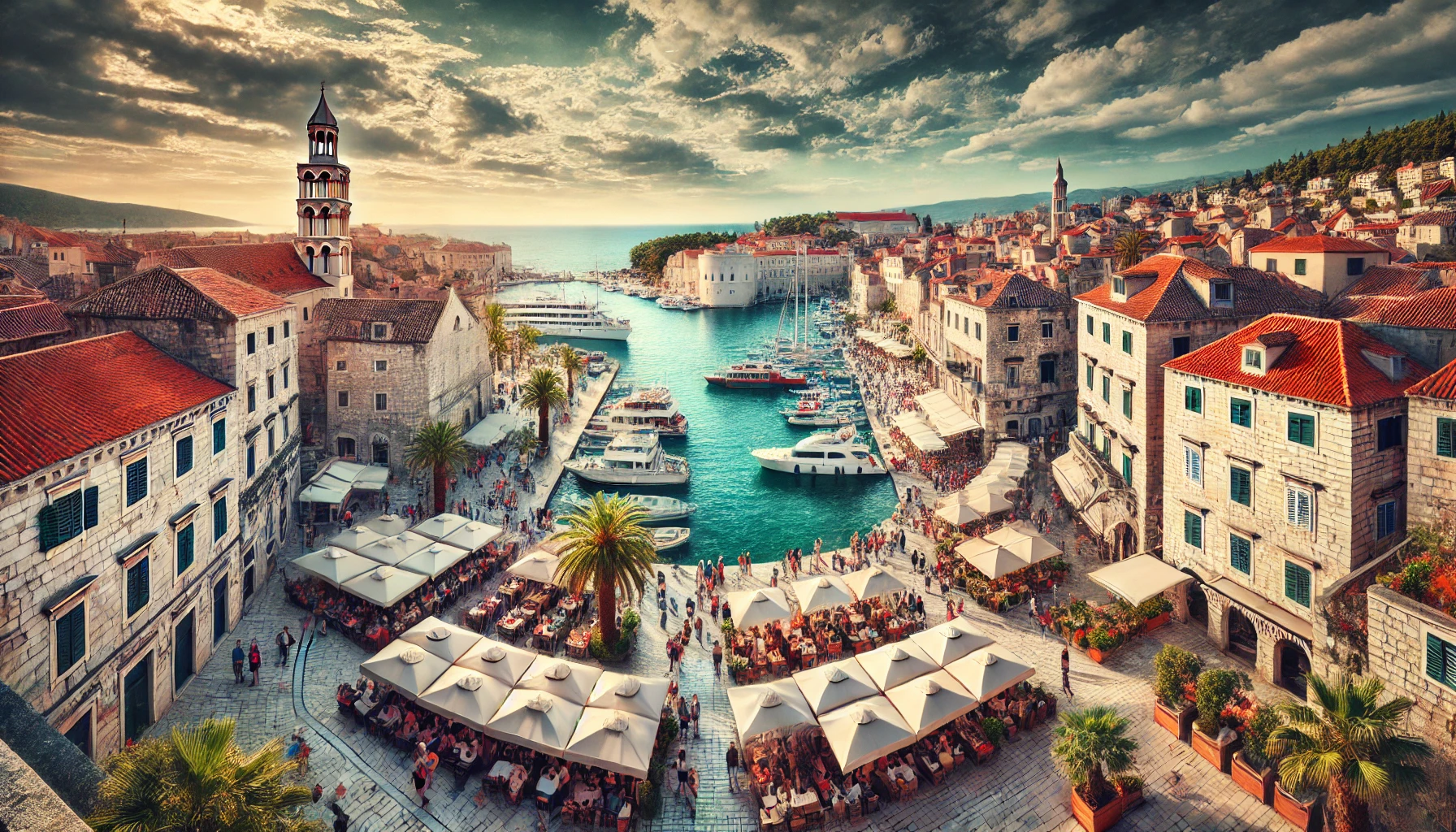 Historische Architektur von Hvar, Kroatien, mit Steinbauten, engen Gassen und Yachten im Hafen am Adriatischen Meer.