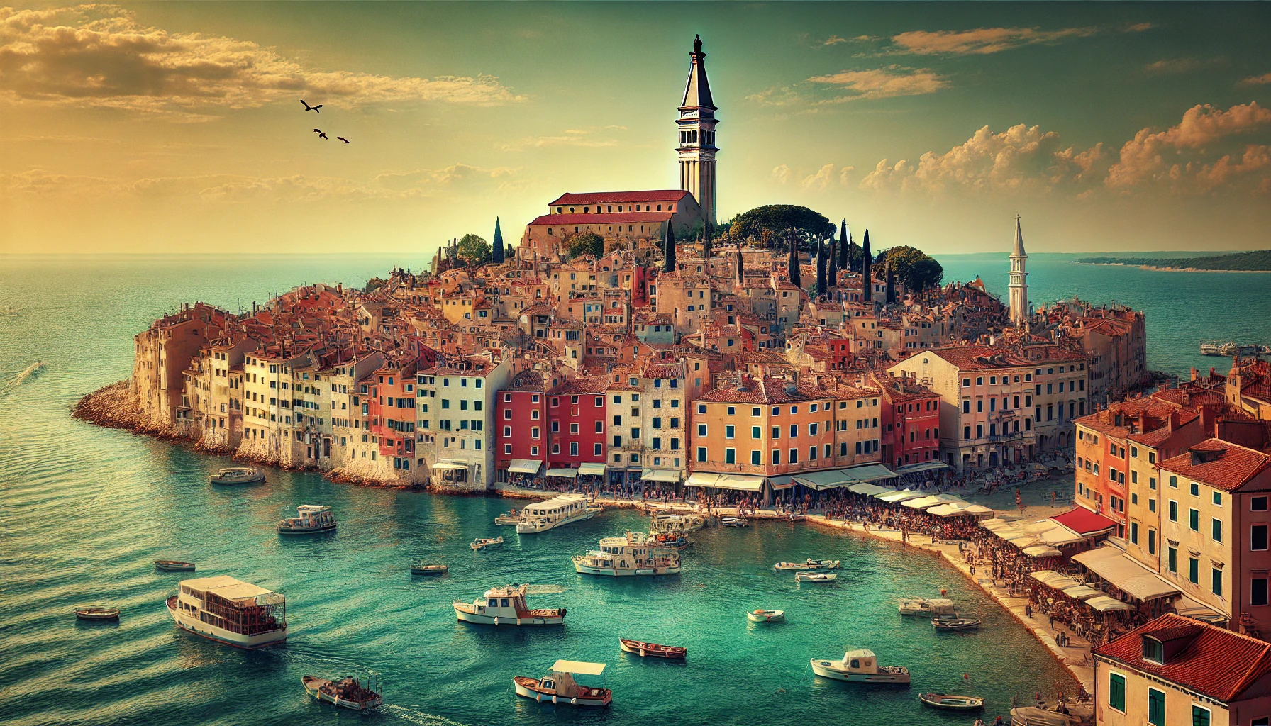 Die Altstadt von Rovinj, Kroatien, mit bunten Gebäuden, der St.-Euphemia-Kirche und Yachten im Adriatischen Meer.