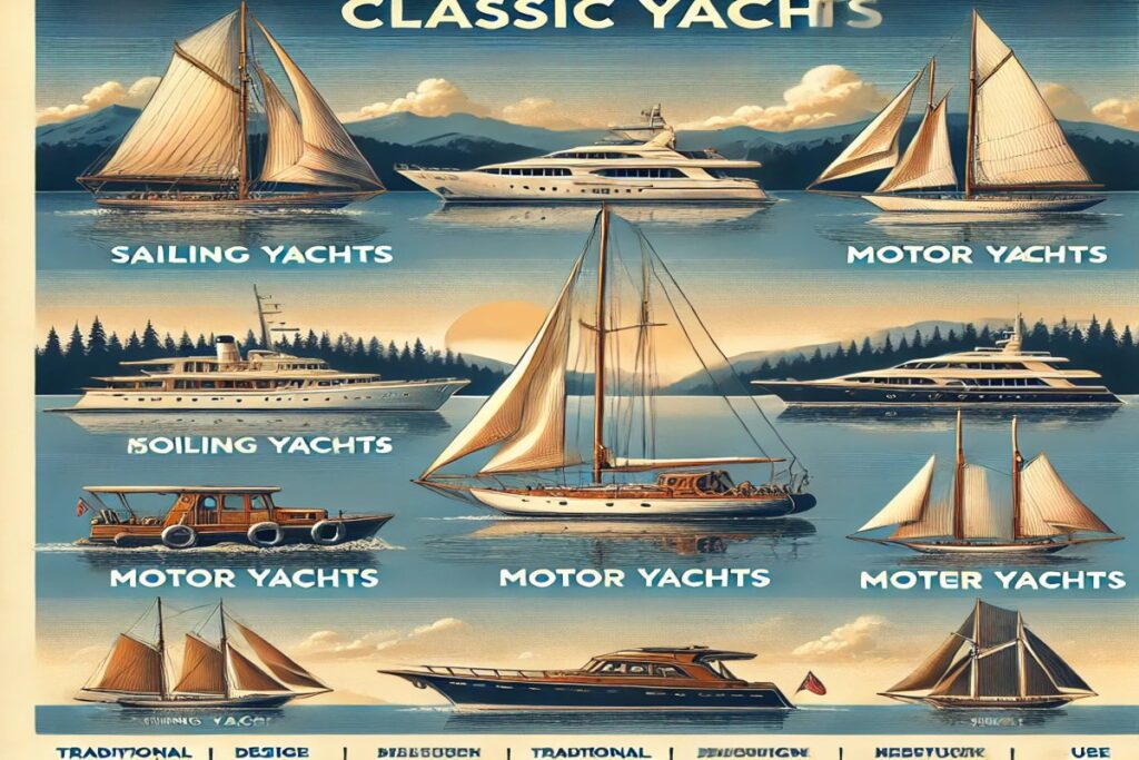 Erkunden Sie klassische Yachttypen wie Segelyachten, Motorboote und traditionelle Holzdesigns – zeitlose Eleganz auf dem Wasser