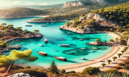 View of Turkey's bays with clear turquoise waters, sandy beaches, and anchored boats, surrounded by lush greenery and rocky cliffs