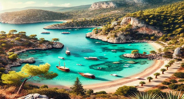 View of Turkey's bays with clear turquoise waters, sandy beaches, and anchored boats, surrounded by lush greenery and rocky cliffs