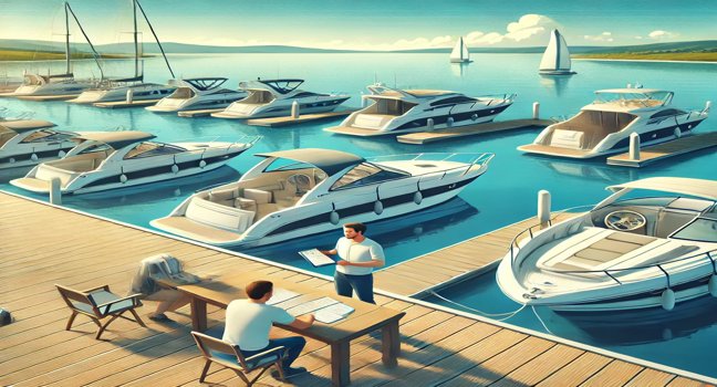 Marina scene with staff assisting a person in renting a boat, featuring available motor yachts and sailboats against a coastal backdrop