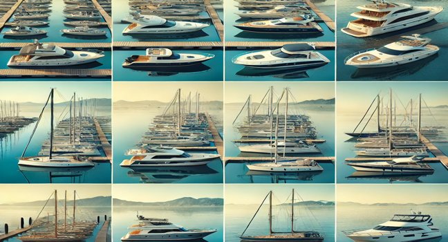 Selection of different boat types, including sailboats, motor yachts, catamarans, and speedboats, docked side by side at a marina