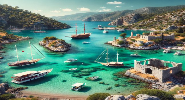 View of Bozukkale Bay in Marmaris with turquoise waters, ancient shoreline ruins, anchored boats, rugged cliffs, and green hills