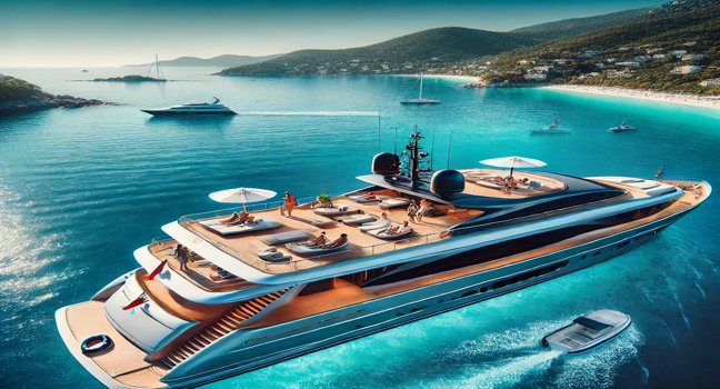 Yacht anchored in clear blue waters, with people relaxing on deck and enjoying scenic ocean views near a calm coastline