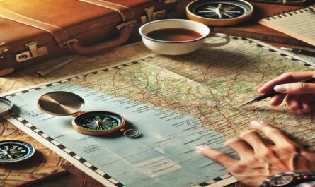 Choose your route with a detailed map, compass, and notepad on a table, highlighting the process of selecting a travel path