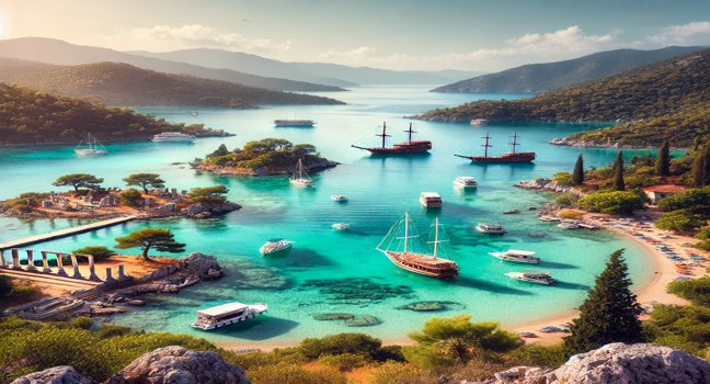 View of Cleopatra Bay in Göcek, featuring turquoise waters, historic ruins, and anchored boats, surrounded by lush green hills