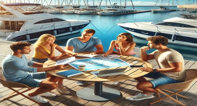 Friends and family discuss renting a boat for a yacht holiday, sitting by a marina with brochures and a laptop, surrounded by docked yachts and calm waters under a sunny sky