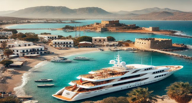 Anchored yacht near the island of Kos, with white-washed buildings, historic ruins, and turquoise waters showcasing the island’s charm