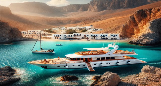 Karpathos Island with rugged cliffs, turquoise waters, and white-washed buildings, seen from an anchored yacht