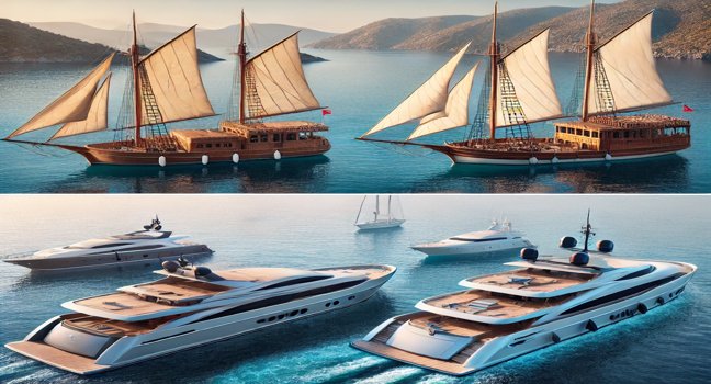 Compare the timeless elegance of gulet boats with modern yacht designs, showcasing classic wooden features alongside sleek contemporary styles on serene coastal waters
