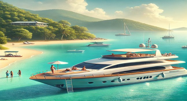 Luxurious yacht anchored in turquoise waters near a scenic coastline with people relaxing on deck, surrounded by green hills and clear skies