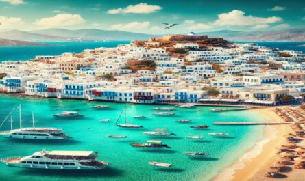 Greek islands with turquoise waters, white-washed buildings, and boats anchored along the coast, capturing Greece's iconic beauty