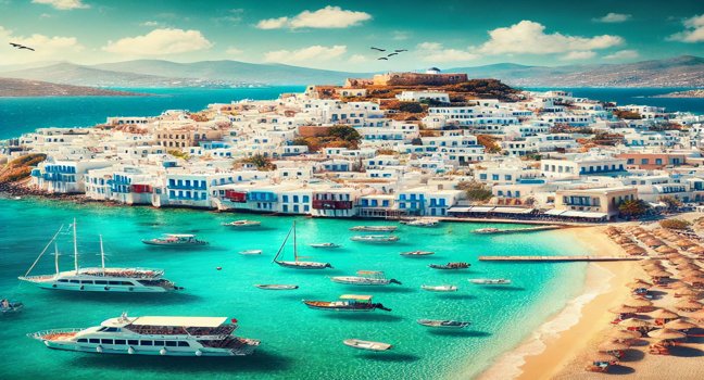 Greek islands with turquoise waters, white-washed buildings, and boats anchored along the coast, capturing Greece's iconic beauty