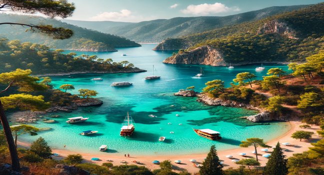 Scenic view of Kabak Bay in Muğla, Turkey, with turquoise waters, sandy beach, and surrounding green cliffs