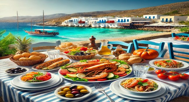 able set with Greek dishes on Karpathos Island, including fresh seafood, salad, olives, and bread with a scenic coastal view