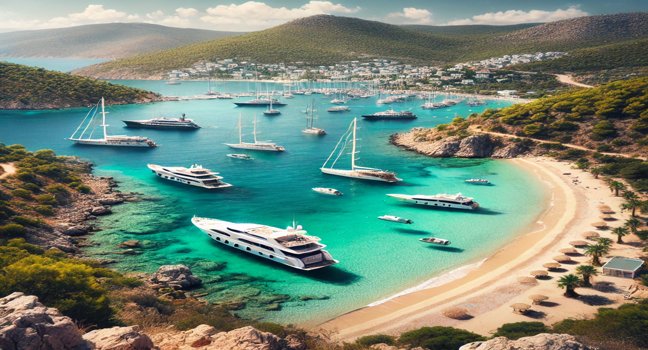 View of Bodrum’s Paradise Bay with turquoise waters, sandy beach, and anchored yachts, surrounded by green hills and rocky cliffs