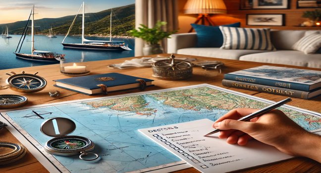 Setup for planning a yacht charter with map, compass, notepad, and checklist of important details for a smooth journey