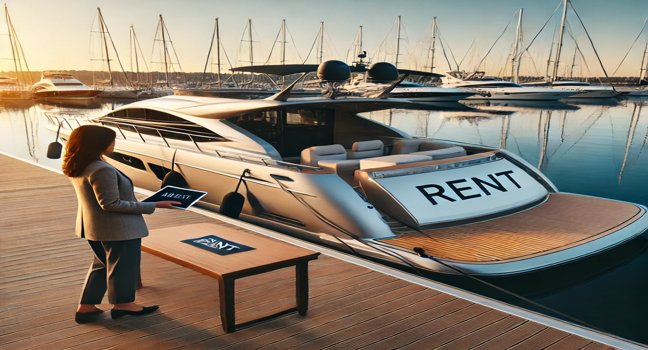 Luxurious yacht anchored in a marina, with a person inspecting it for rent, set against a backdrop of calm waters and clear skies