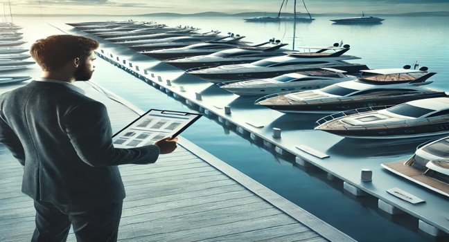 Person inspecting various yacht models at a marina, each with unique designs and styles, set against a backdrop of calm waters