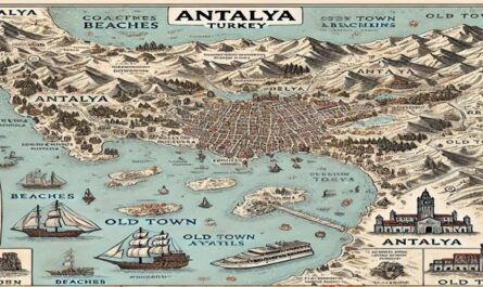 A detailed map of Antalya showcasing its coastline, beaches, old town landmarks, and surrounding mountains, perfect for travel and exploration