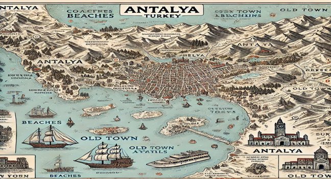 A detailed map of Antalya showcasing its coastline, beaches, old town landmarks, and surrounding mountains, perfect for travel and exploration