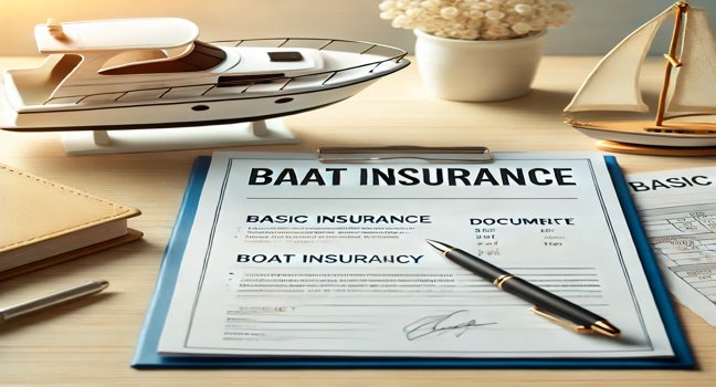 A desk setup with a boat insurance policy document, a pen, and a small boat model, symbolizing the process and essential paperwork for basic boat insurance