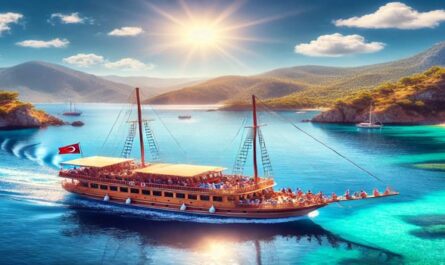 A traditional wooden gulet sailing on calm, clear blue waters with passengers enjoying the view, surrounded by lush coastal hills and a bright, sunny sky