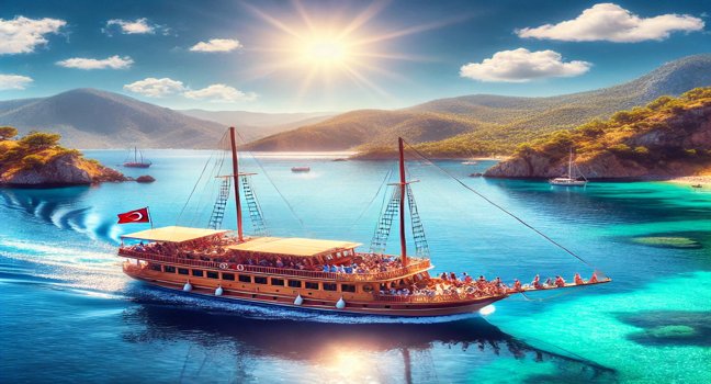 A traditional wooden gulet sailing on calm, clear blue waters with passengers enjoying the view, surrounded by lush coastal hills and a bright, sunny sky