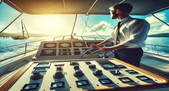 A view of a boat captain managing the steering wheel with visible gauges and controls, navigating calm blue waters under a bright sky, showcasing the precision of boat handling