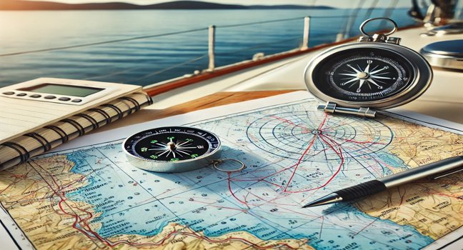 Detailed boat route plan on a nautical chart with compass, GPS, and notes, highlighting safe navigation practices