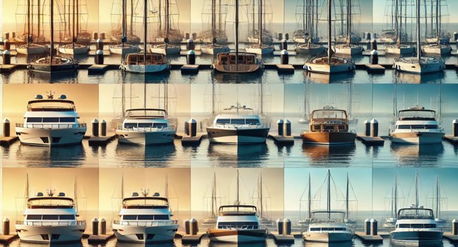 Side-by-side view of sailboats, motor yachts, catamarans, and speedboats at a marina, highlighting design and functionality differences