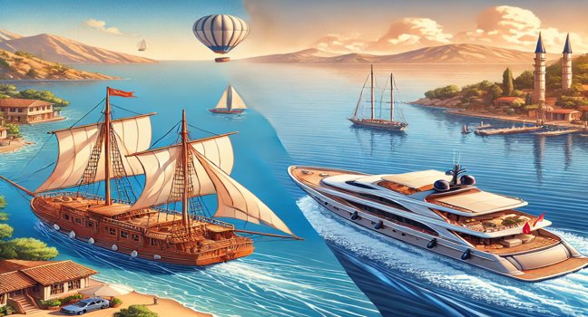 A visual comparison showing a traditional wooden gulet with sails and a sleek modern yacht, side by side on calm blue waters with a scenic coastline and sunny sky