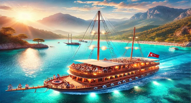 A traditional wooden gulet sailing on clear blue waters, with people enjoying the deck, surrounded by scenic coastline and a bright, sunny sky, perfect for a luxurious holiday