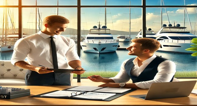 A professional yacht rental office with staff assisting customers, documents, and a view of yachts docked at a marina, showcasing efficient and friendly service