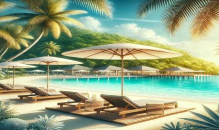 An exclusive holiday destination featuring a luxurious beachfront resort, white sandy beaches, clear turquoise waters, elegant lounge chairs under large umbrellas, and lush tropical greenery beneath a bright, sunny sky