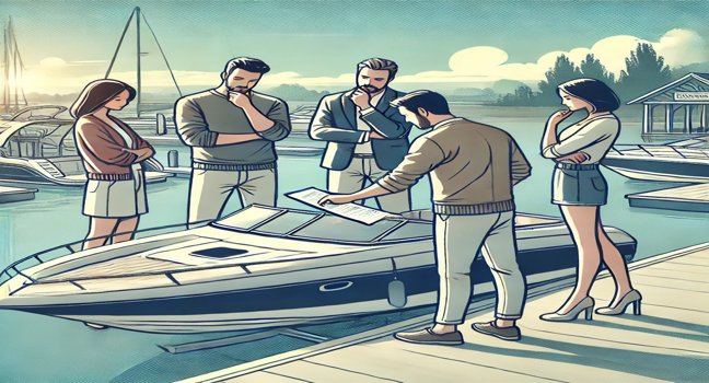 Group inspecting a boat at a marina, considering boat size, amenities, and condition for rental decisions