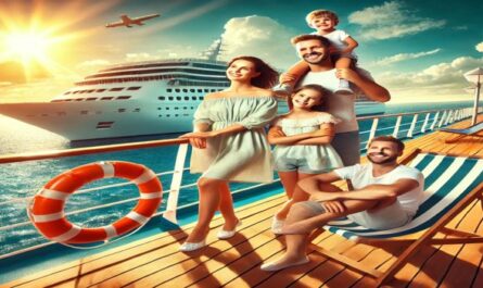 A family enjoying a cruise holiday on the ship's deck, overlooking the open sea with deck chairs and a bright, sunny sky, evoking a sense of relaxation and joy